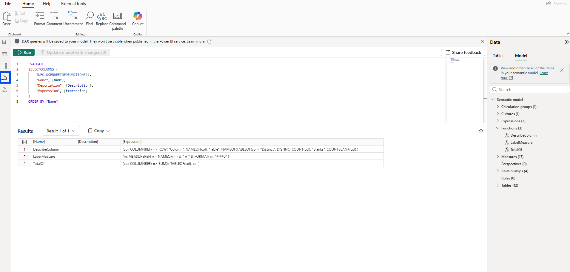 DAX query view showing SELECTCOLUMNS of INFO.USERDEFINEDFUNCTIONS with curated Name, Description, Expression columns ordered by Name