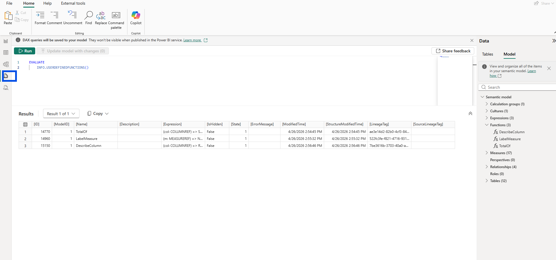 DAX query view result of EVALUATE INFO.USERDEFINEDFUNCTIONS showing three rows for TotalOf, LabelMeasure, and DescribeColumn with full metadata columns including ID, ModelID, Name, Description, Expression, IsHidden, State, ErrorMessage, ModifiedTime