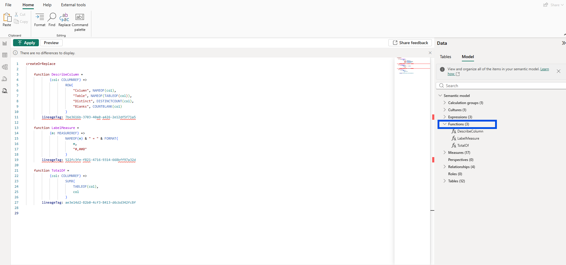 TMDL view in Power BI Desktop showing three user-defined functions (DescribeColumn, LabelMeasure, TotalOf) listed under the Functions node in Model explorer