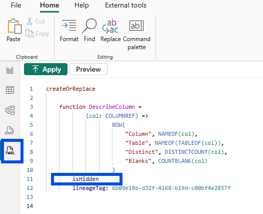TMDL view with the DescribeColumn function showing the isHidden flag added on its own line beneath the function declaration