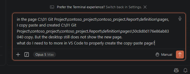 A chat prompt in VS Code asking what else needs to change in VS Code to properly create the copy-pasted page, after the desktop did not show the new page