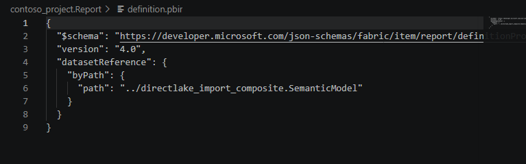 definition.pbir open in VS Code showing datasetReference byPath pointing at the directlake_import_composite.SemanticModel folder one level up