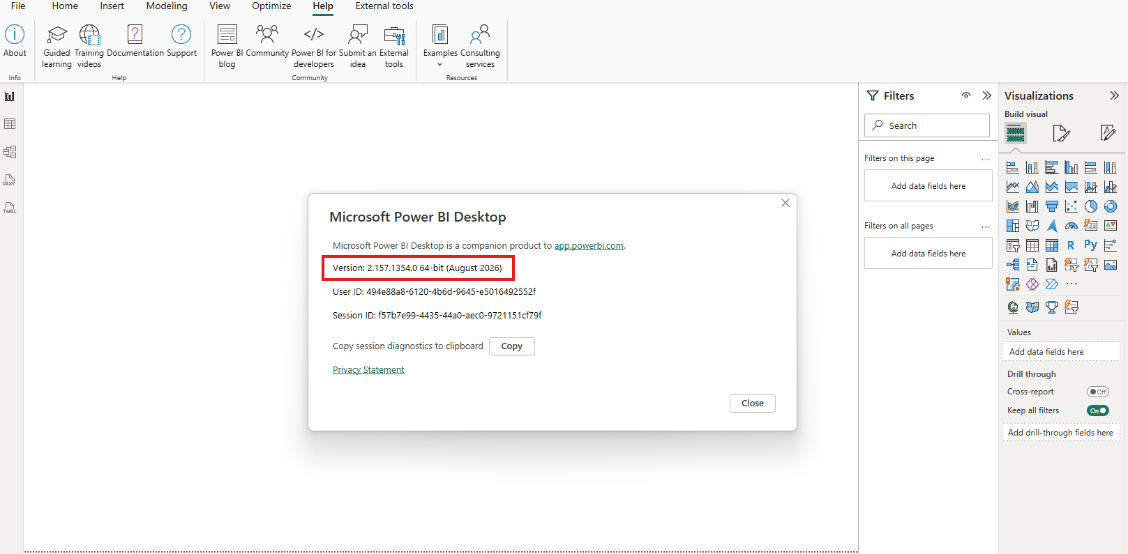 The Power BI Desktop About dialog showing version 2.157.1354.0 64-bit August 2026