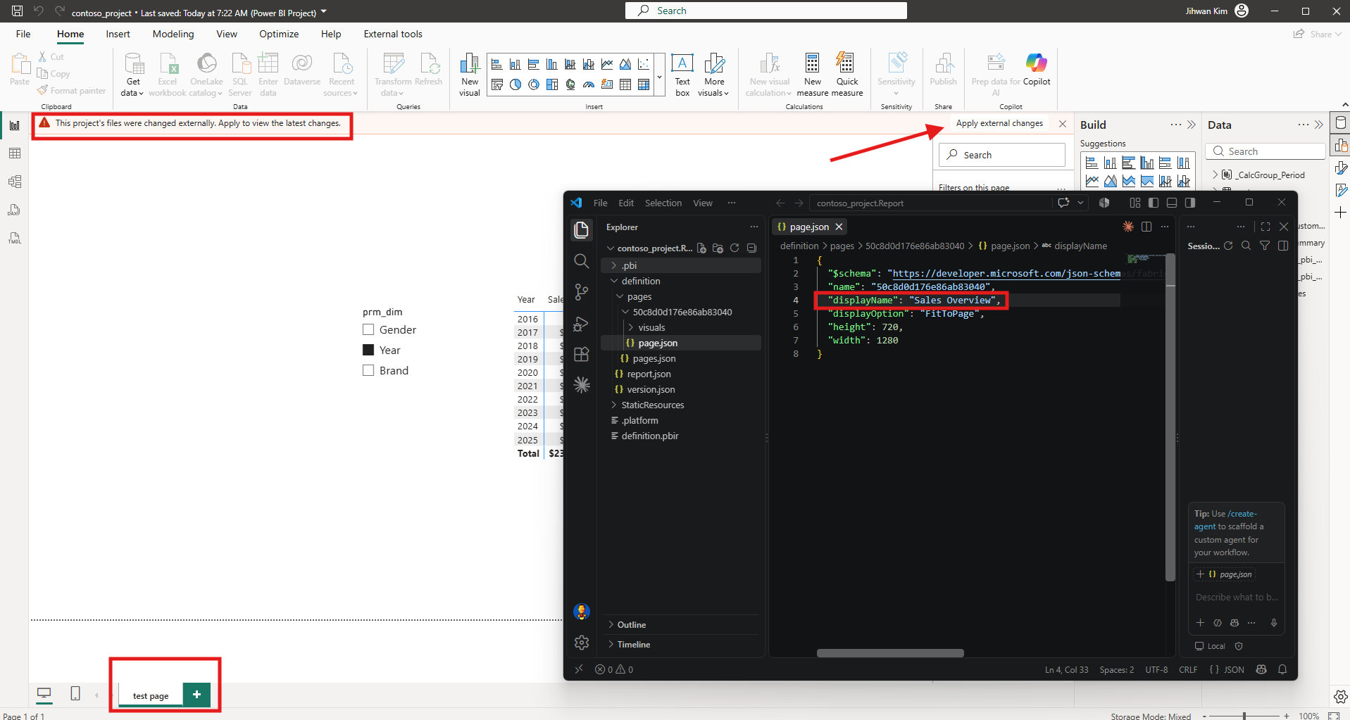 Power BI Desktop showing a banner reading This project's files were changed externally, Apply to view the latest changes, with the VS Code window still open in front of it