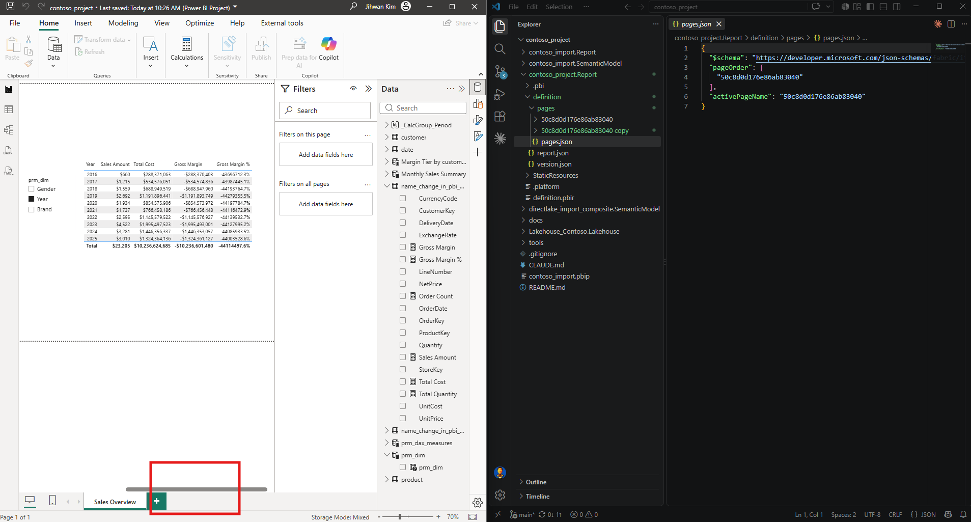 Power BI Desktop after applying the external change, still showing a single Sales Overview tab and Page 1 of 1 in the status bar
