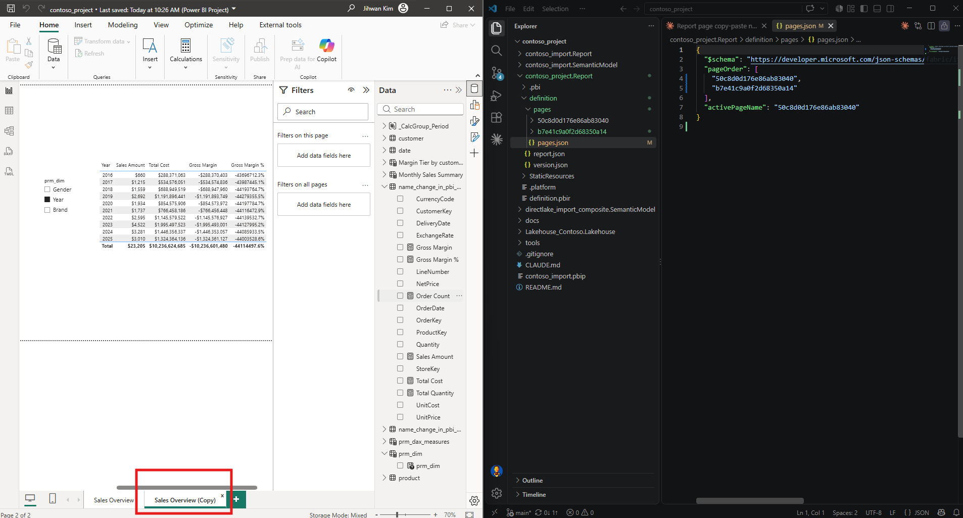 Power BI Desktop showing two page tabs, Sales Overview and Sales Overview (Copy), with Page 2 of 2 in the status bar