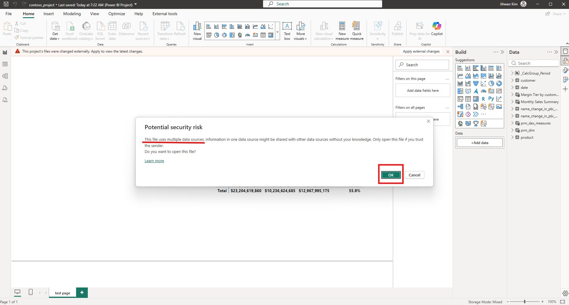 A dialog titled Potential security risk saying this file uses multiple data sources and asking whether to open the file