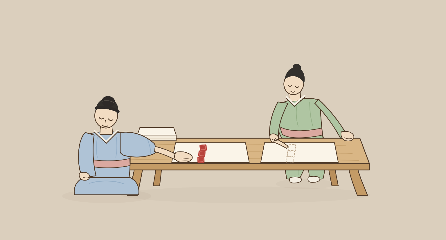 A Korean folk art illustration of two figures at a low wooden table, the sheet of paper on the left stamped with three red seals and the identical sheet on the right showing three empty outlines where its seals should be