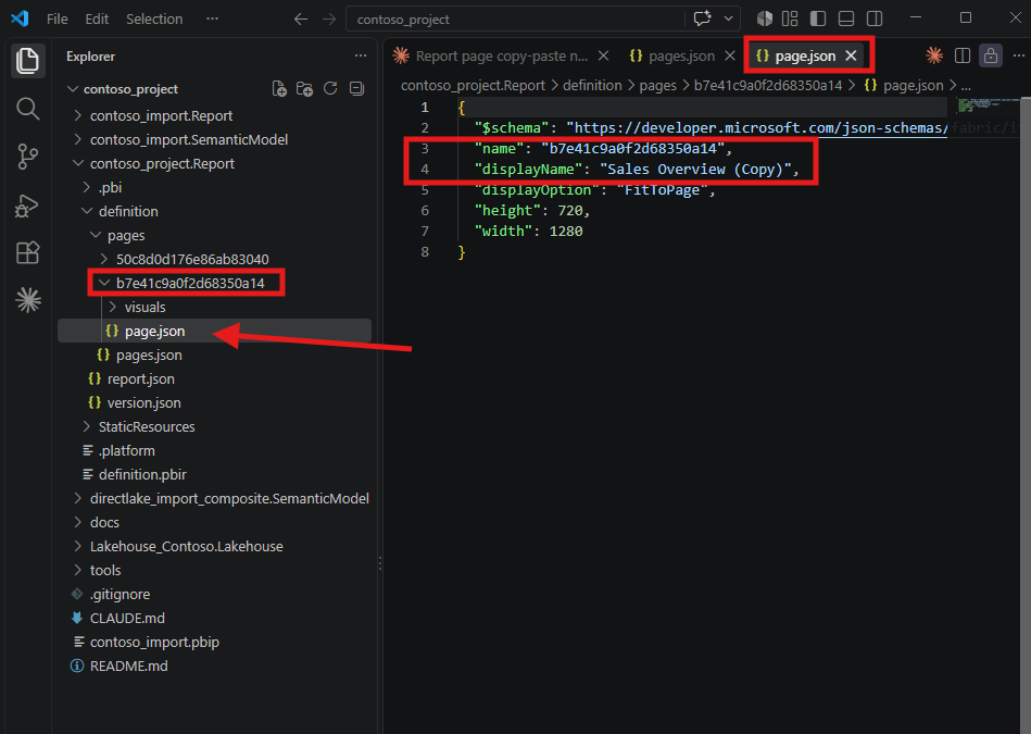 The copied page.json with name set to b7e41c9a0f2d68350a14 and displayName set to Sales Overview (Copy), inside the matching folder