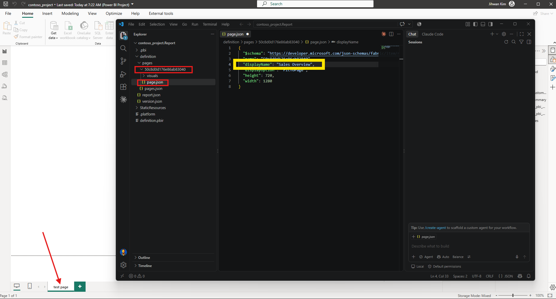 page.json open in VS Code with the displayName property edited to Sales Overview