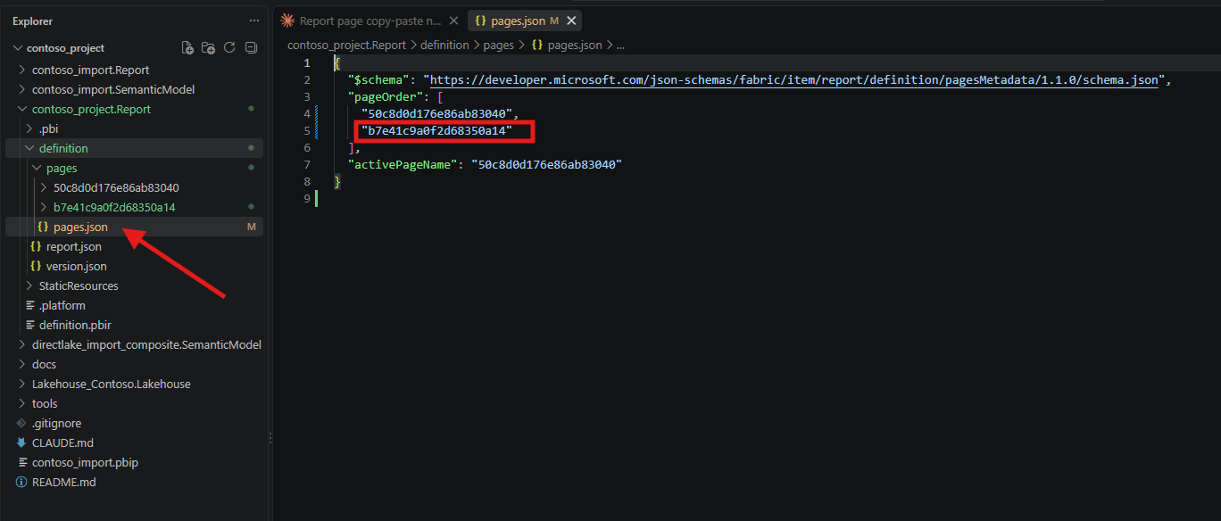 pages.json in VS Code with the new page identifier added as a second entry under pageOrder