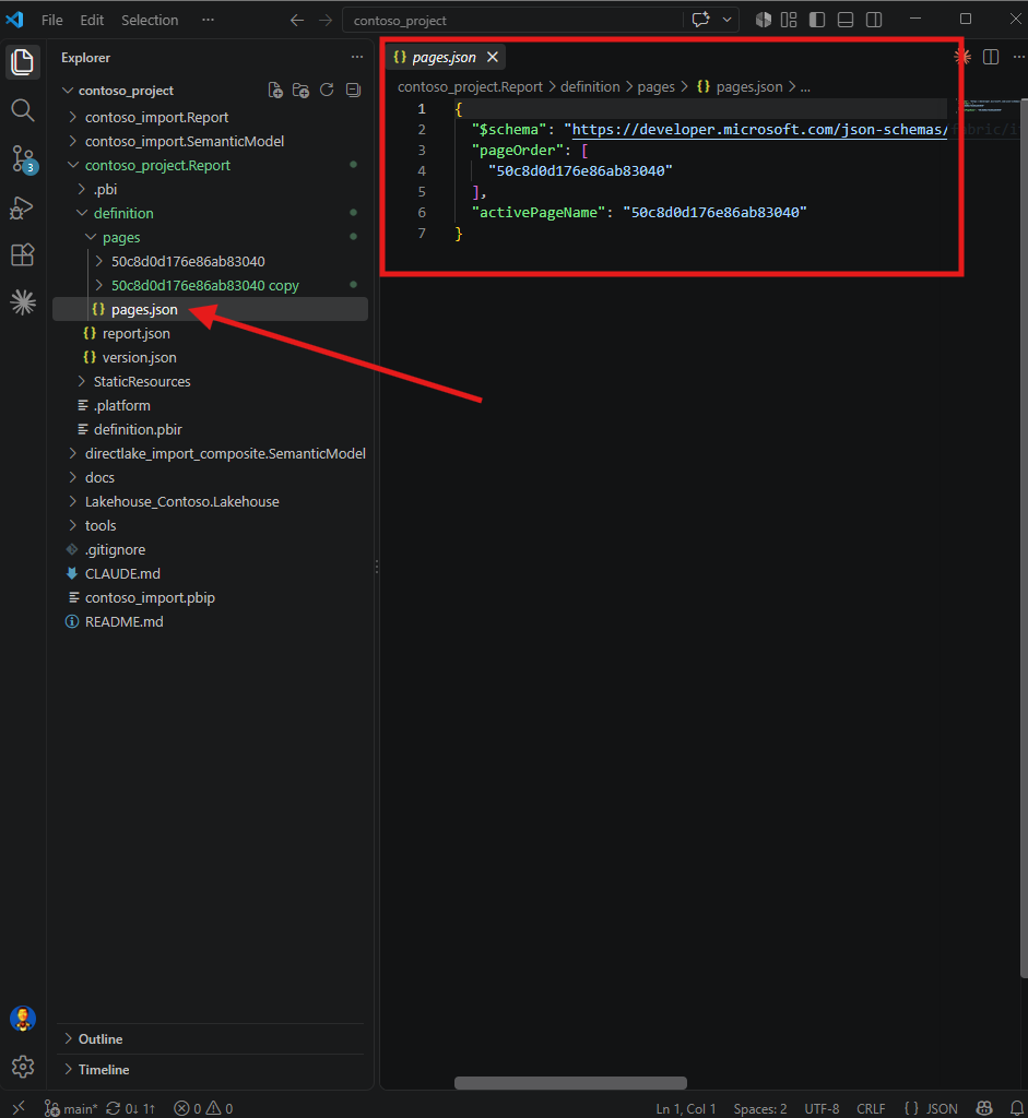 pages.json open in VS Code next to the copied page folder, with pageOrder still holding a single page entry