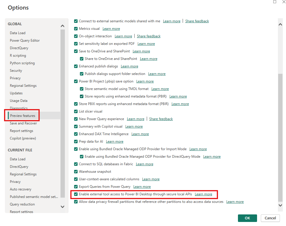The Preview features page in Power BI Desktop options with the Power BI Project pbip save option and the external tool access option both checked