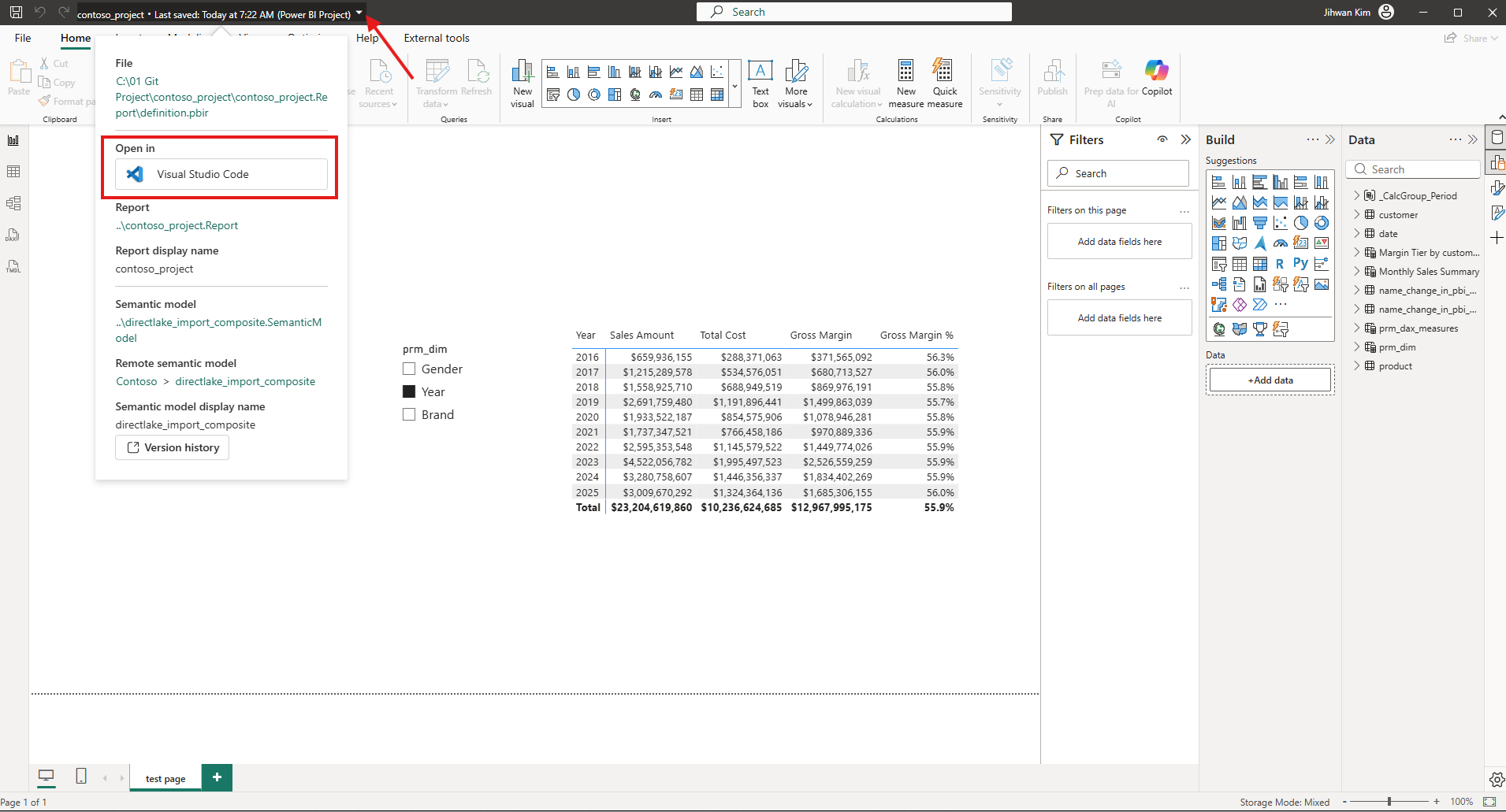 The Power BI Desktop project flyout showing Open in Visual Studio Code above the report path, the semantic model path, and the remote semantic model name