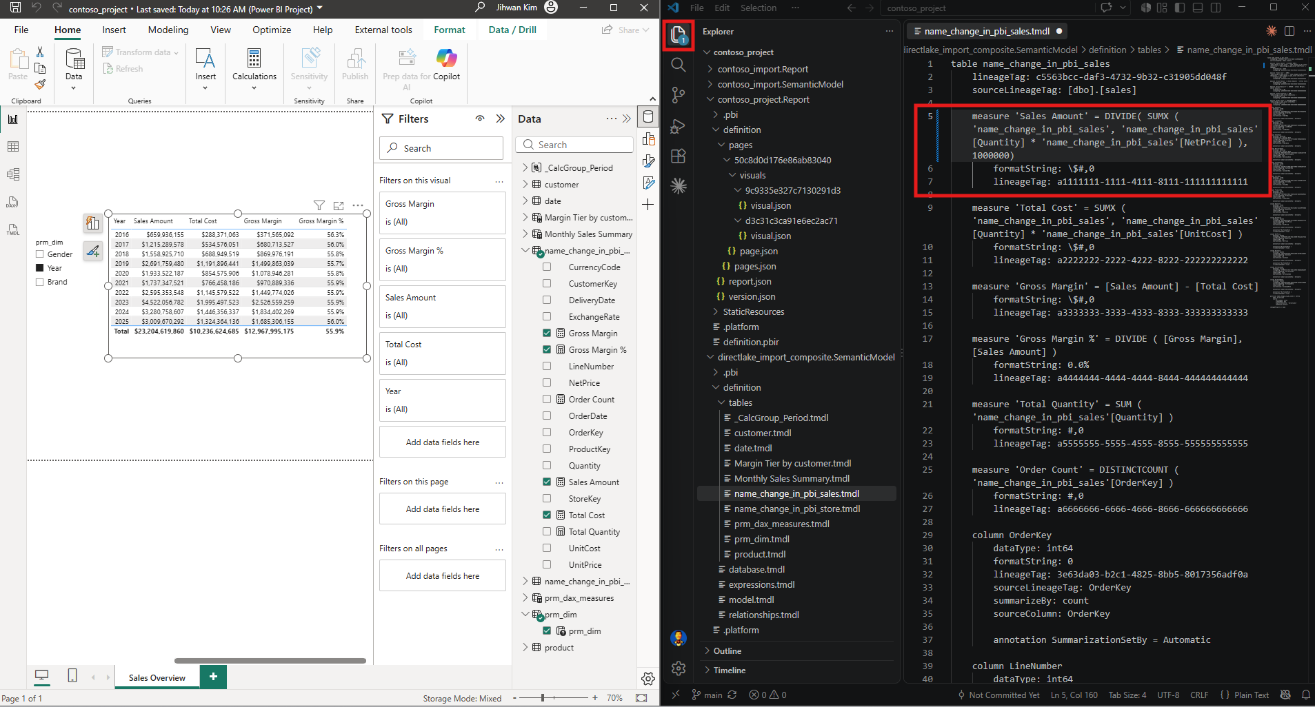 VS Code showing name_change_in_pbi_sales.tmdl with the Sales Amount measure wrapped in DIVIDE and divided by one million