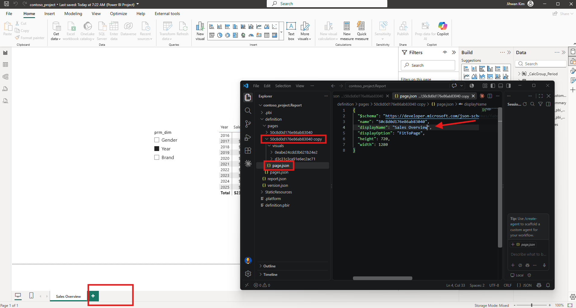 VS Code showing the copied page folder's page.json still holding name 50c8d0d176e86ab83040, the same identifier as the original page