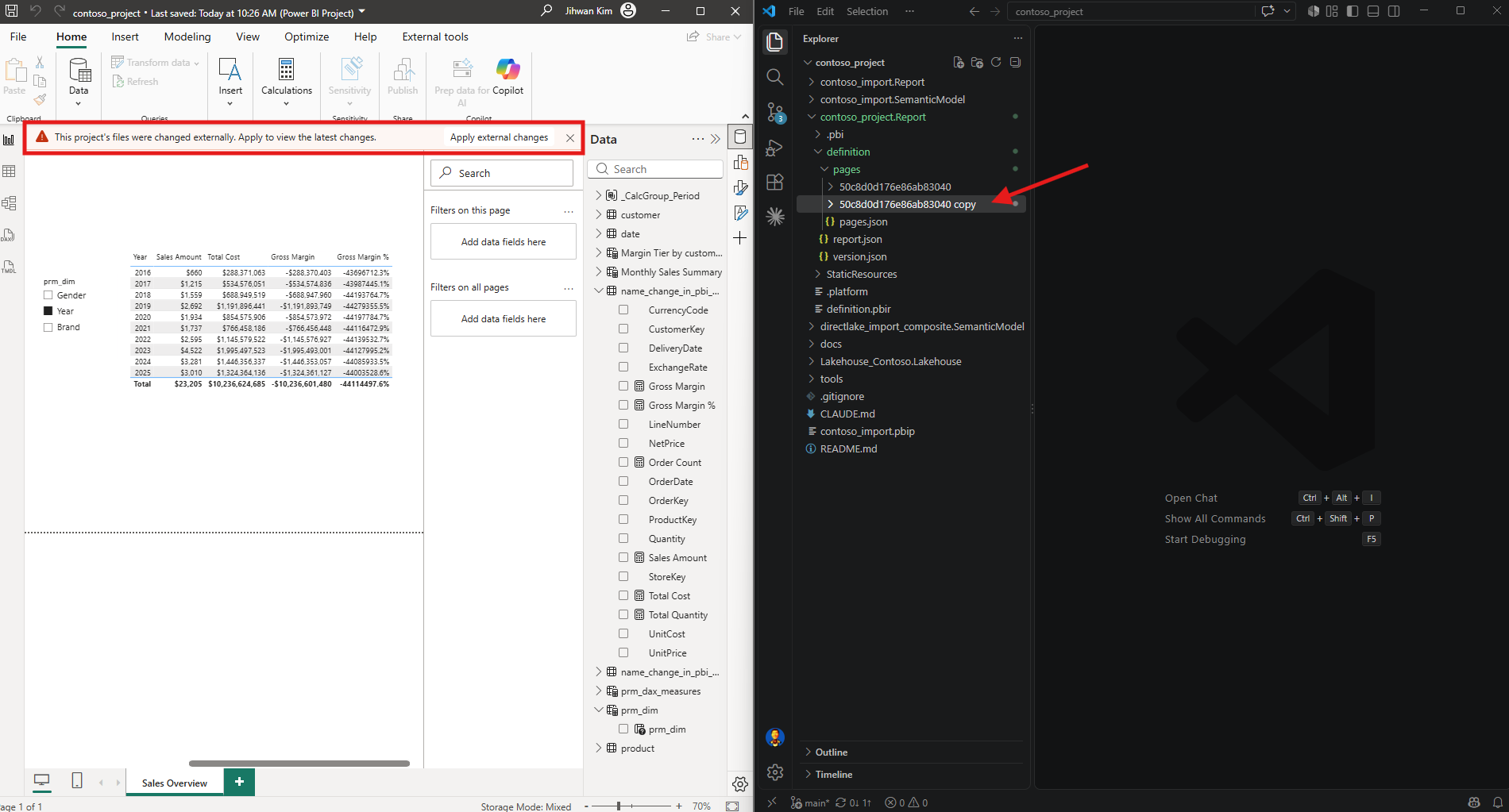 VS Code showing a new folder named 50c8d0d176e86ab83040 copy next to the original page folder, with the Apply external changes banner visible in Power BI Desktop behind it
