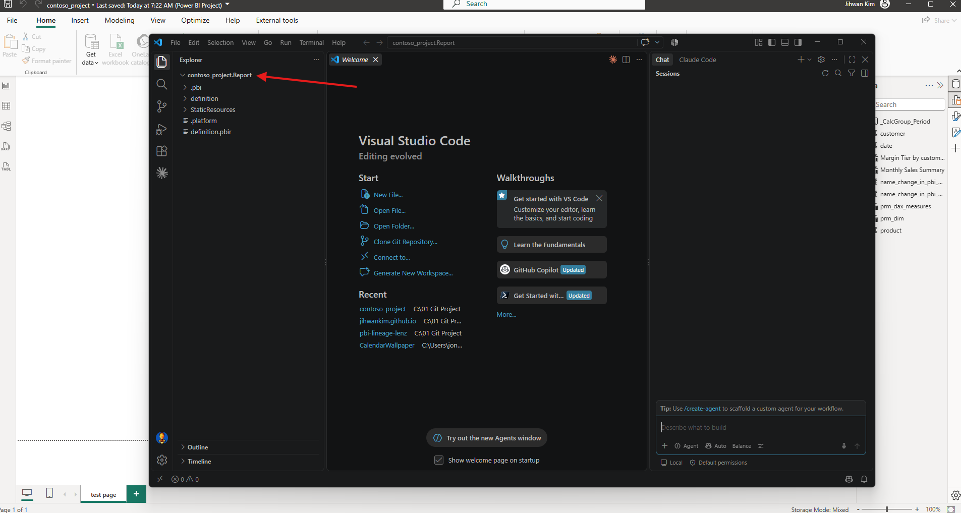 VS Code with contoso_project.Report as the only root folder, containing pbi, definition, StaticResources, platform, and definition.pbir