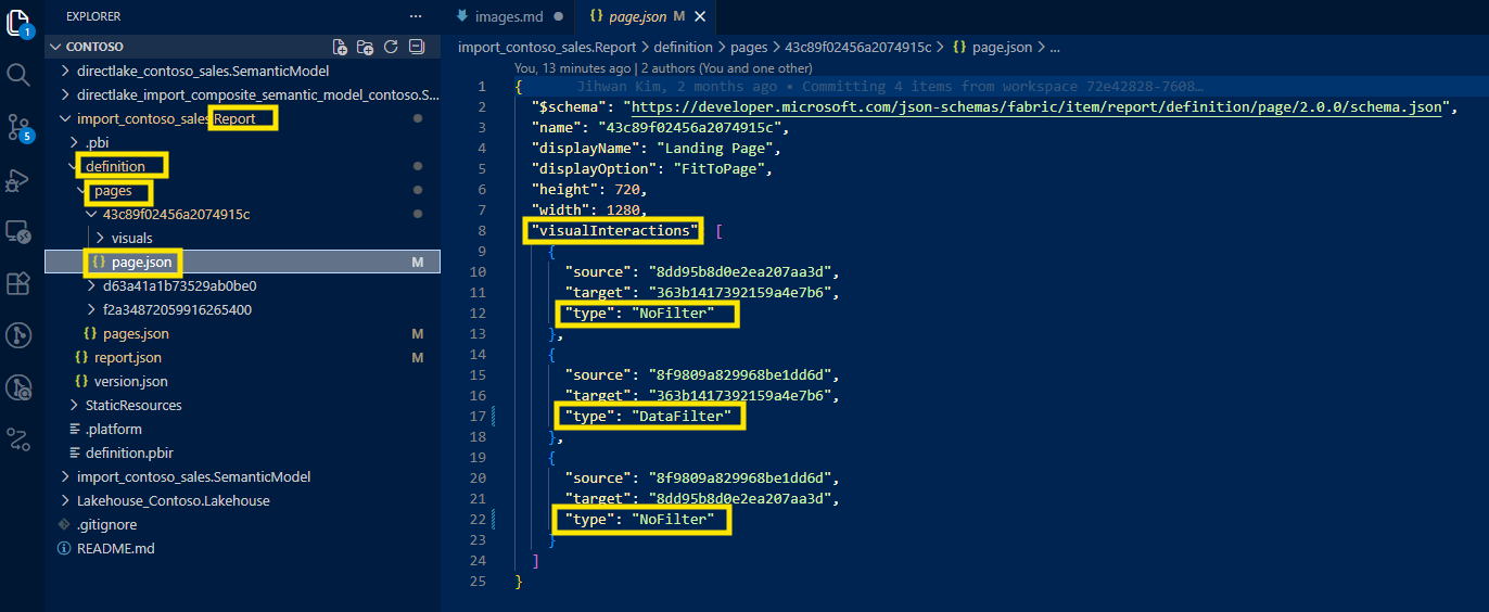 The visualInteractions array in page.json - structured configuration instead of clicking