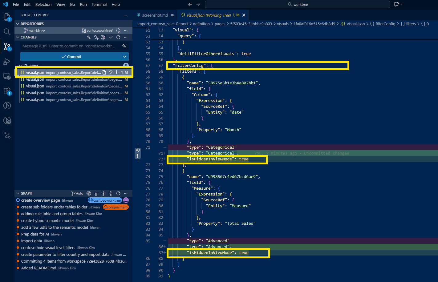 Column chart diff in VS Code