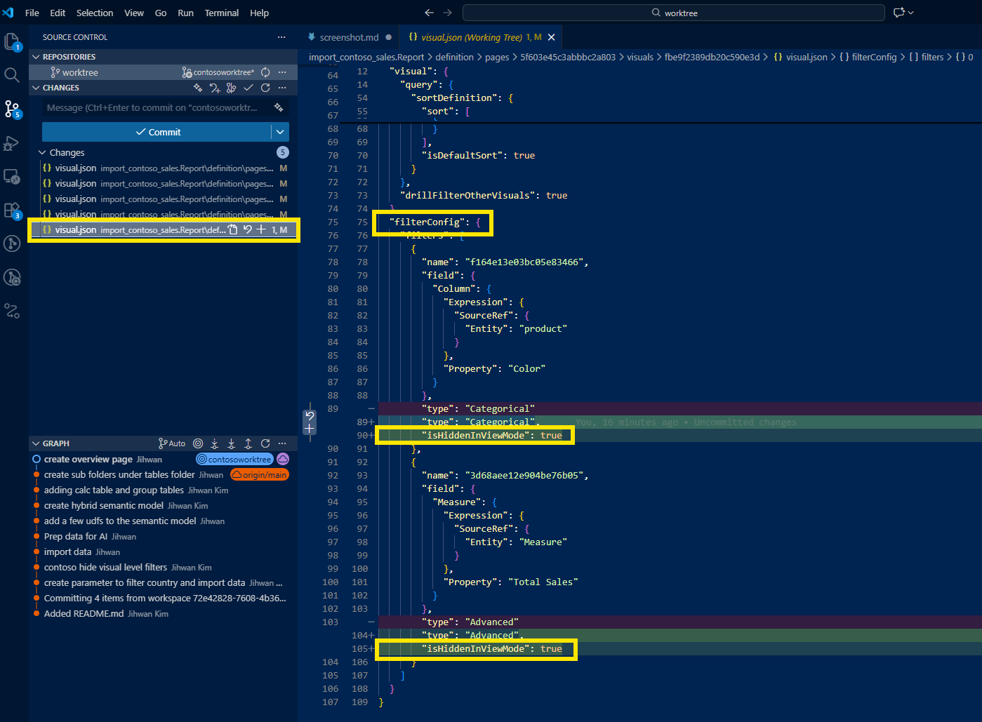 Bar chart diff in VS Code