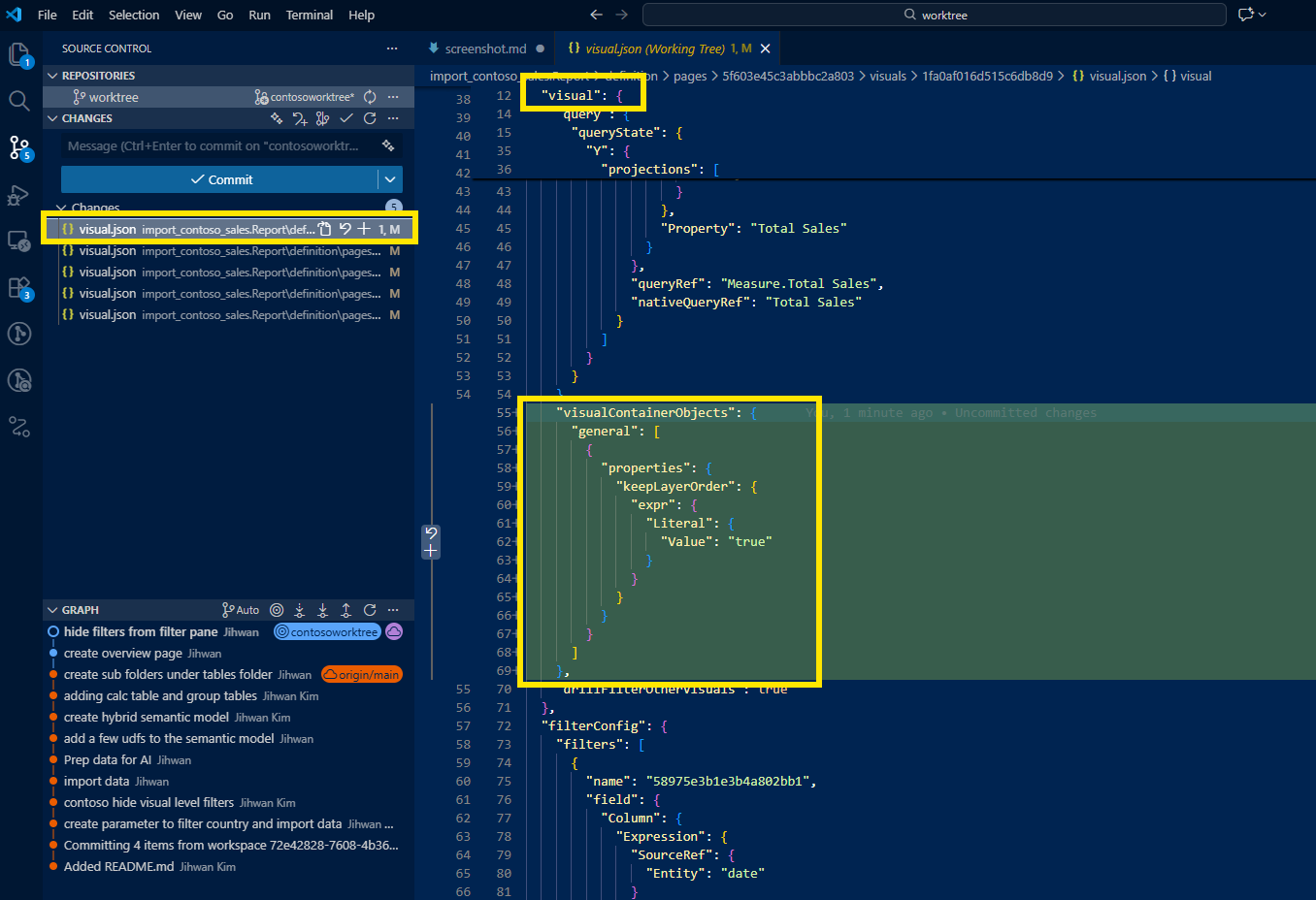Column chart layer order diff in VS Code