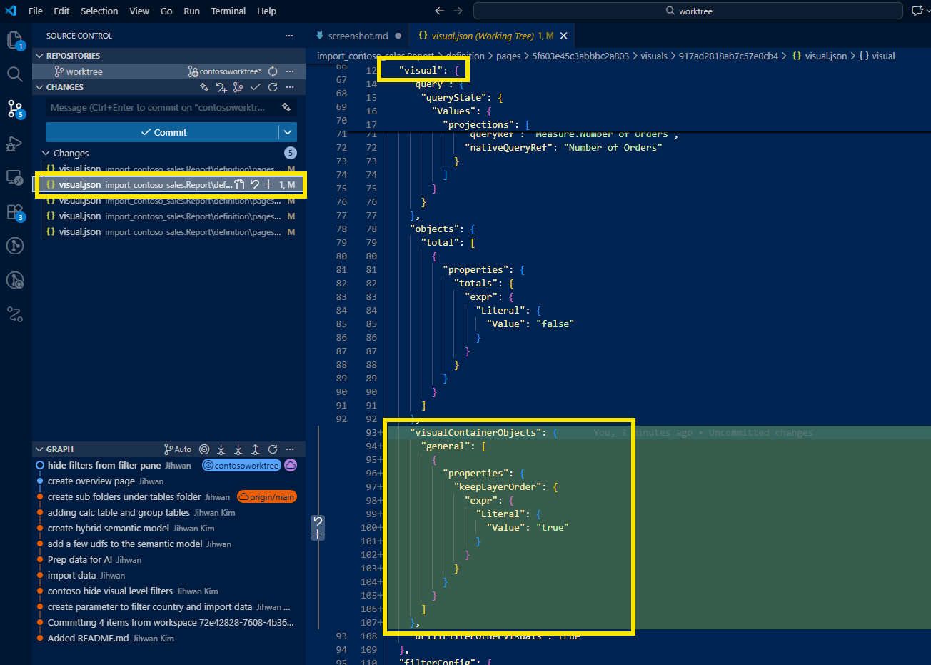 Table layer order diff in VS Code