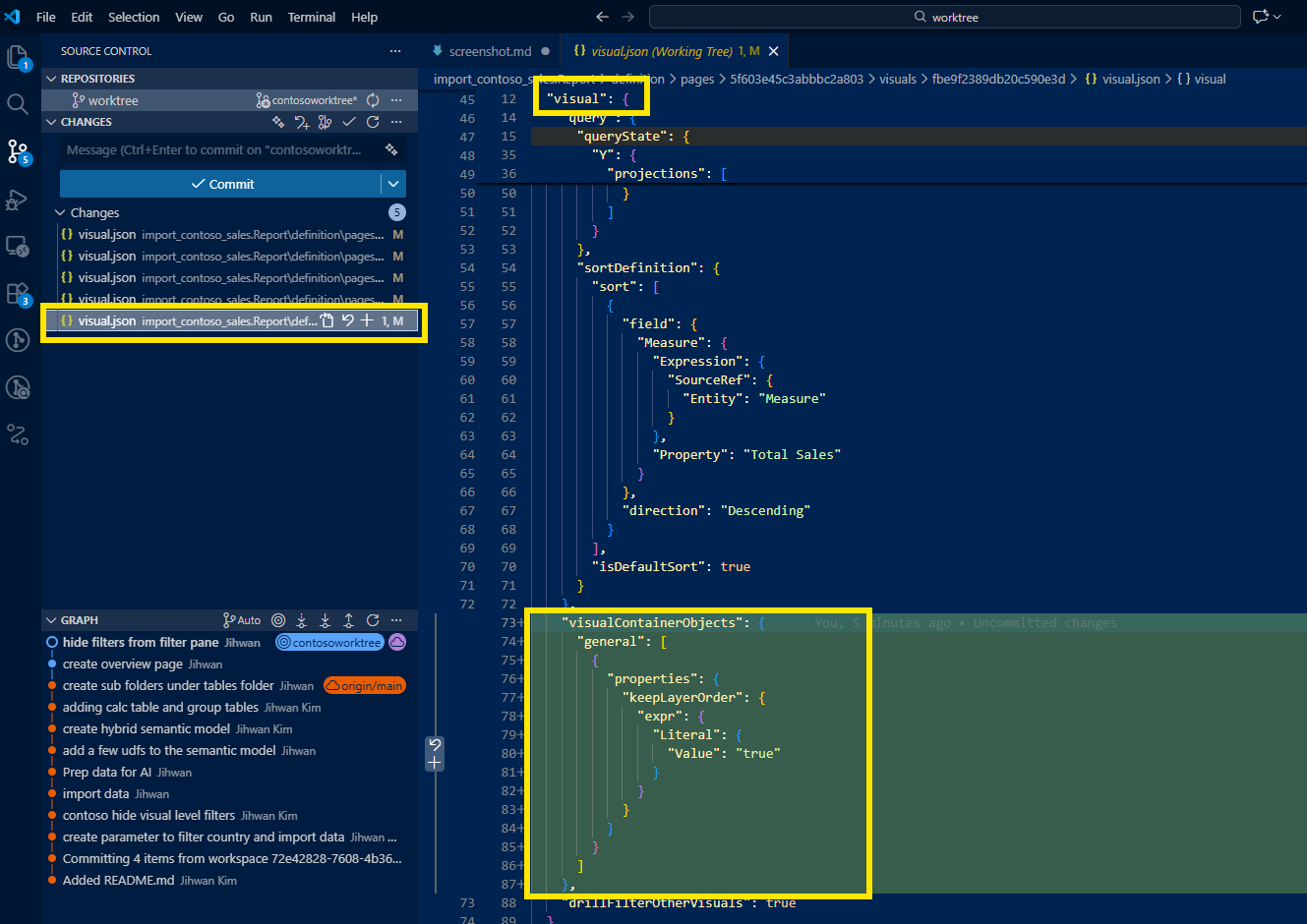 Bar chart layer order diff in VS Code