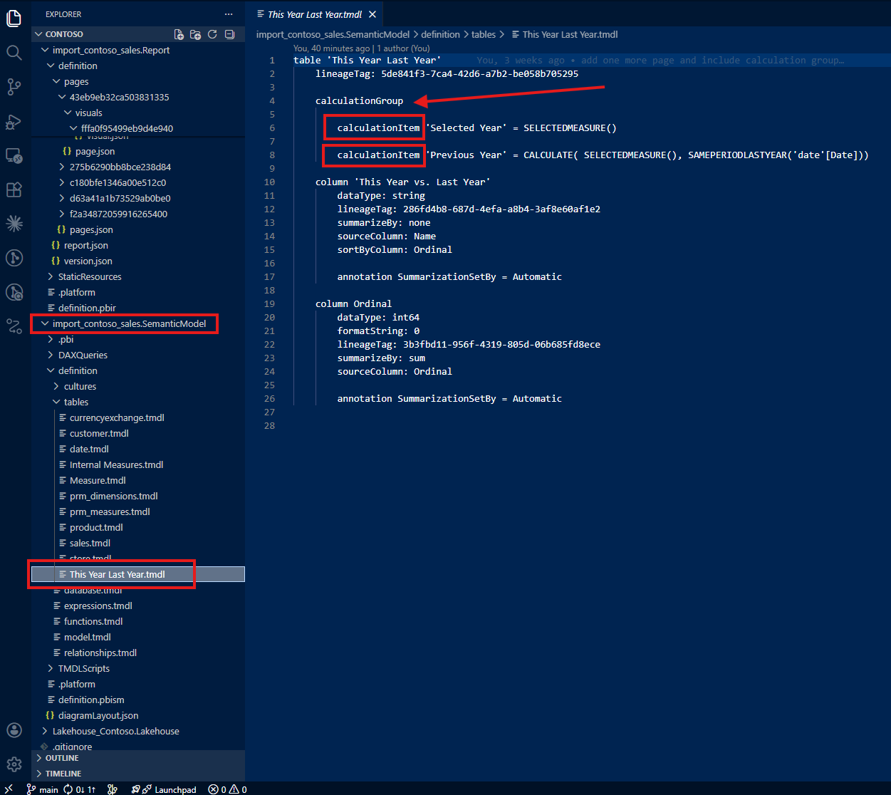 Claude tracing the calculation group from report JSON to the semantic model TMDL, revealing the full DAX logic