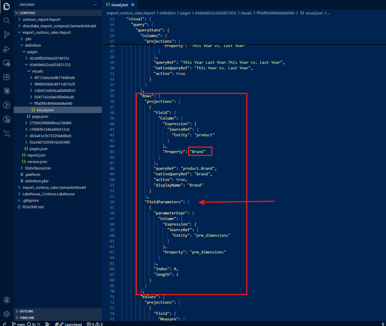 Visual JSON showing only Brand for the first field parameter, missing Store Code and Gender