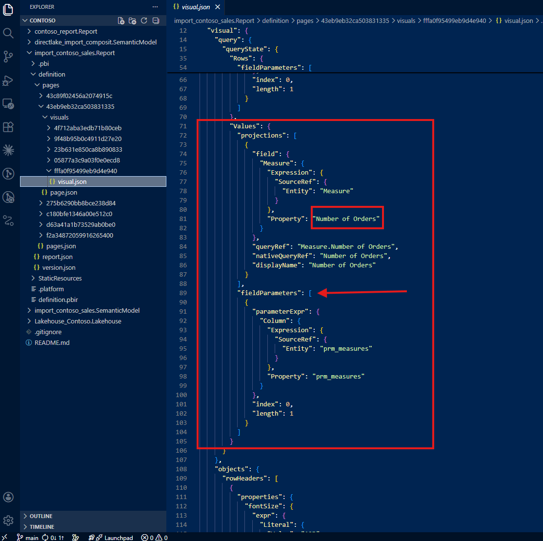 Visual JSON showing only Number of Orders for the second field parameter, missing Total Cost and Total Quantity