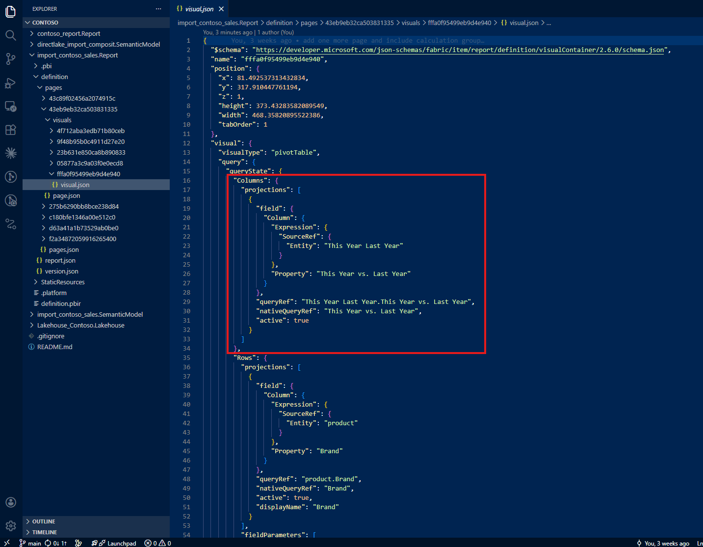 Visual JSON file showing the calculation group column as an ordinary column reference with no calculation group indicator