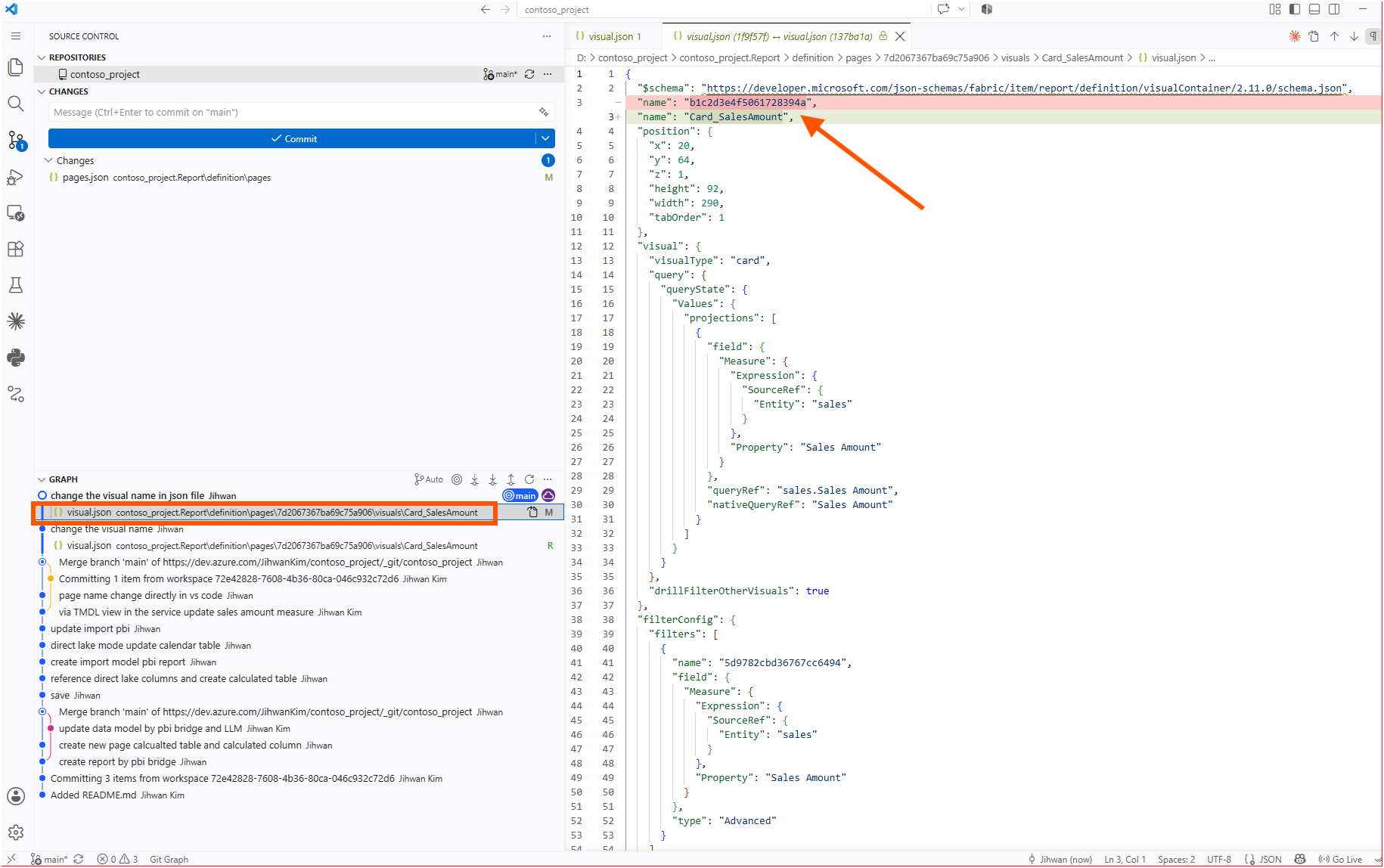 The committed diff showing a clean single-line name change, with both commits visible in the graph pane