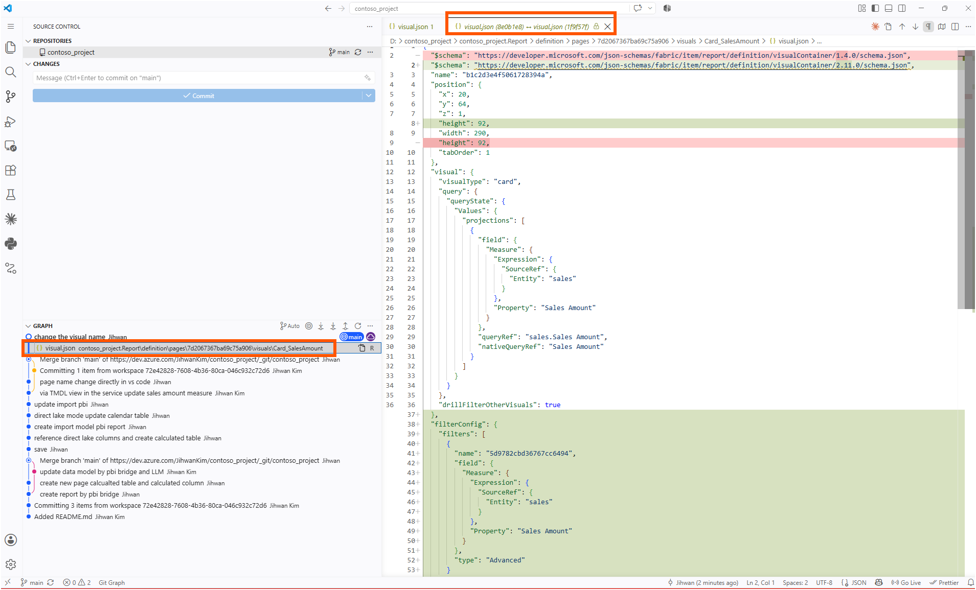 The committed diff at the Card_SalesAmount path showing the schema version change and the new filterConfig block