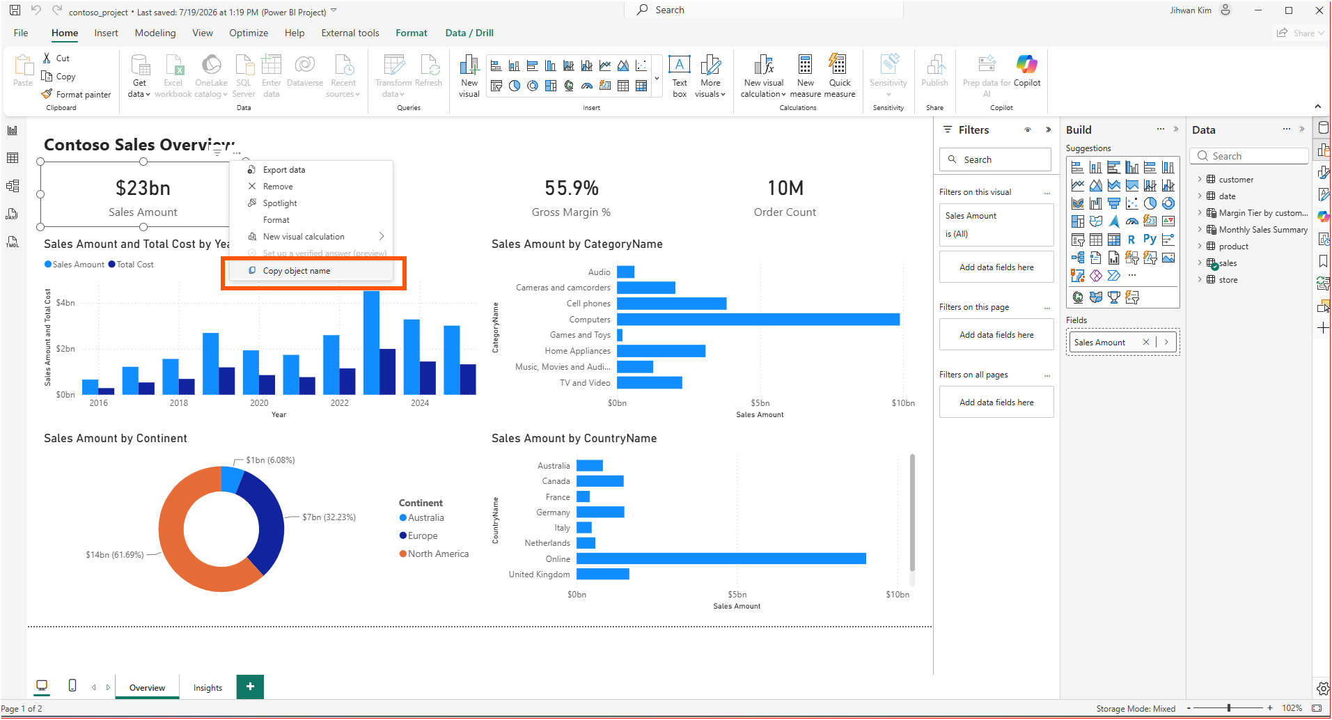 Right-clicking the Sales Amount card in Power BI Desktop and choosing Copy object name
