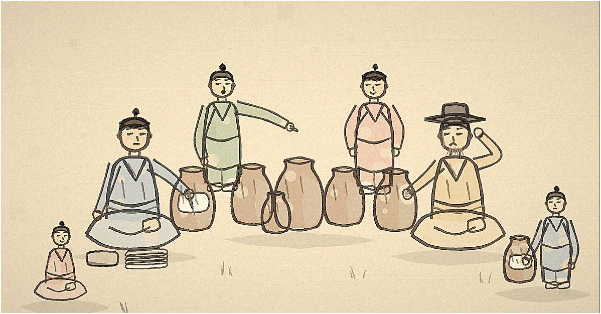 A Korean folk art style illustration of people seated beside a row of nearly identical clay jars, where only one jar carries a written label