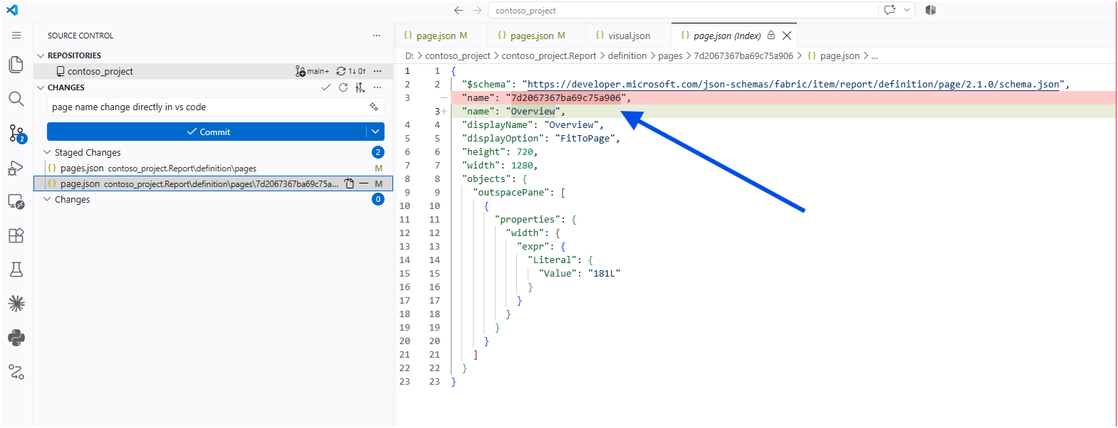 Git diff of page.json showing the name property changed from the identifier to Overview