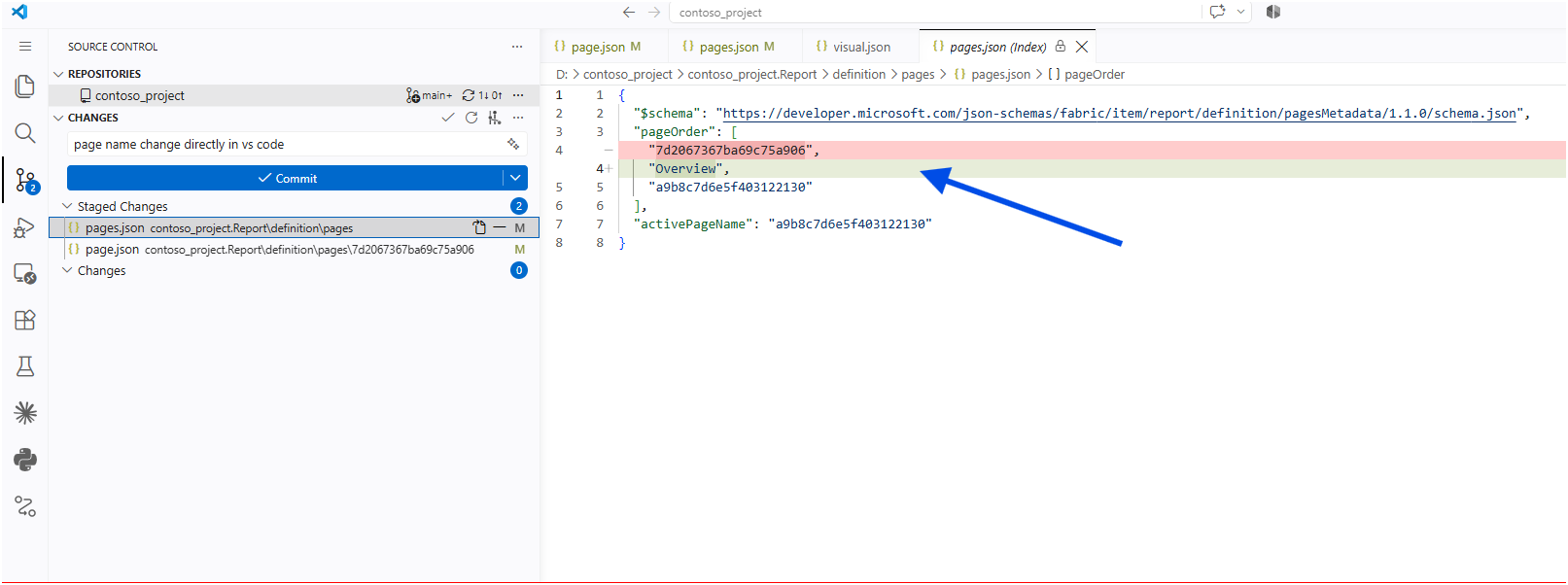 Git diff of pages.json showing the twenty-character identifier replaced by Overview