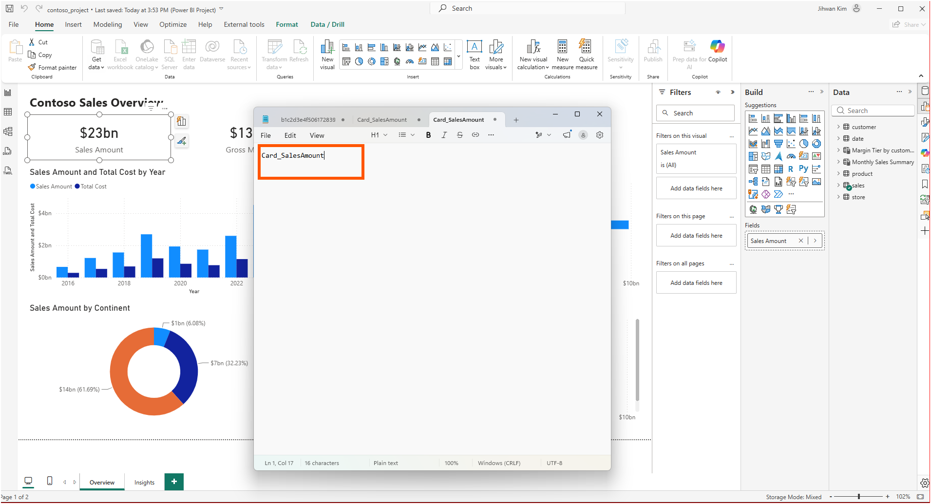 Notepad showing Card_SalesAmount with sixteen characters in the status bar