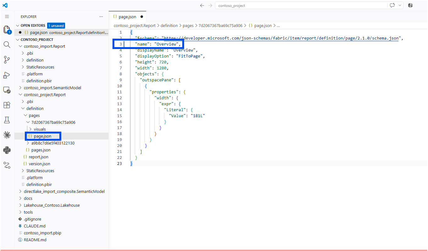 page.json edited in VS Code so the name property reads Overview
