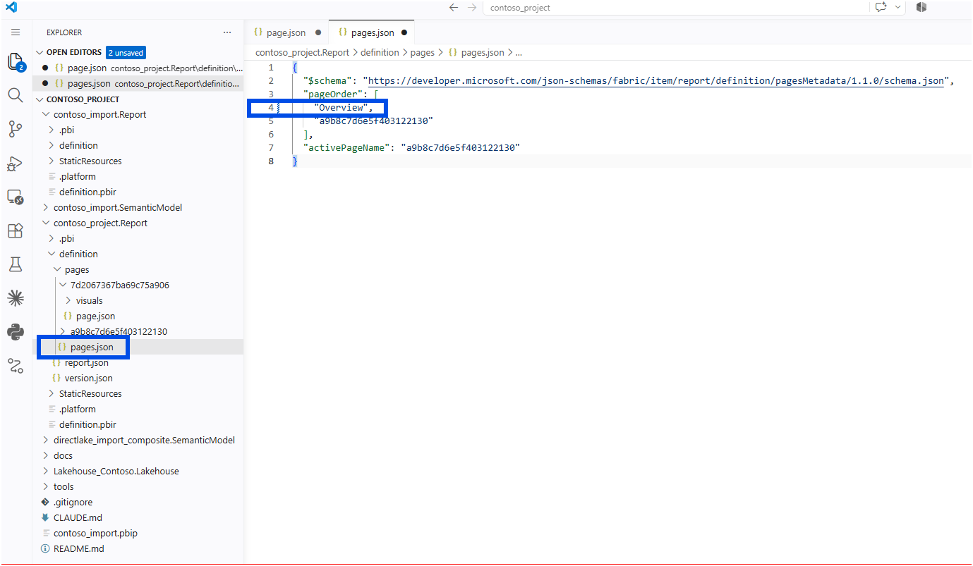 pages.json edited in VS Code so the pageOrder entry reads Overview