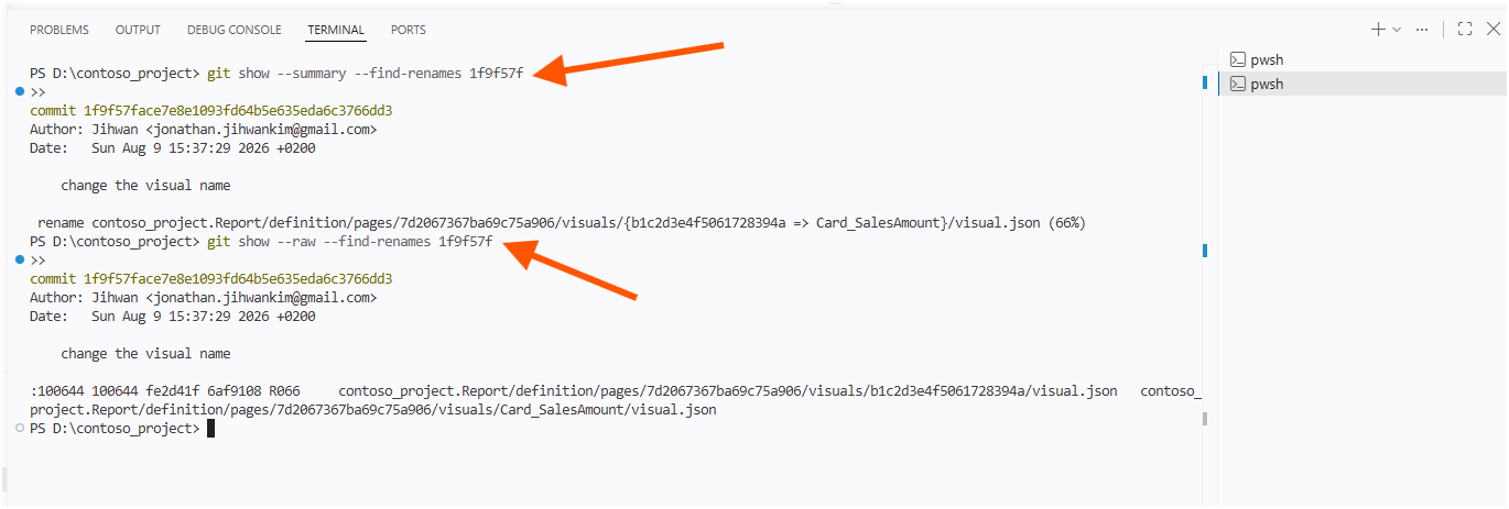 VS Code terminal showing Git reporting the change as a rename from the identifier folder to Card_SalesAmount