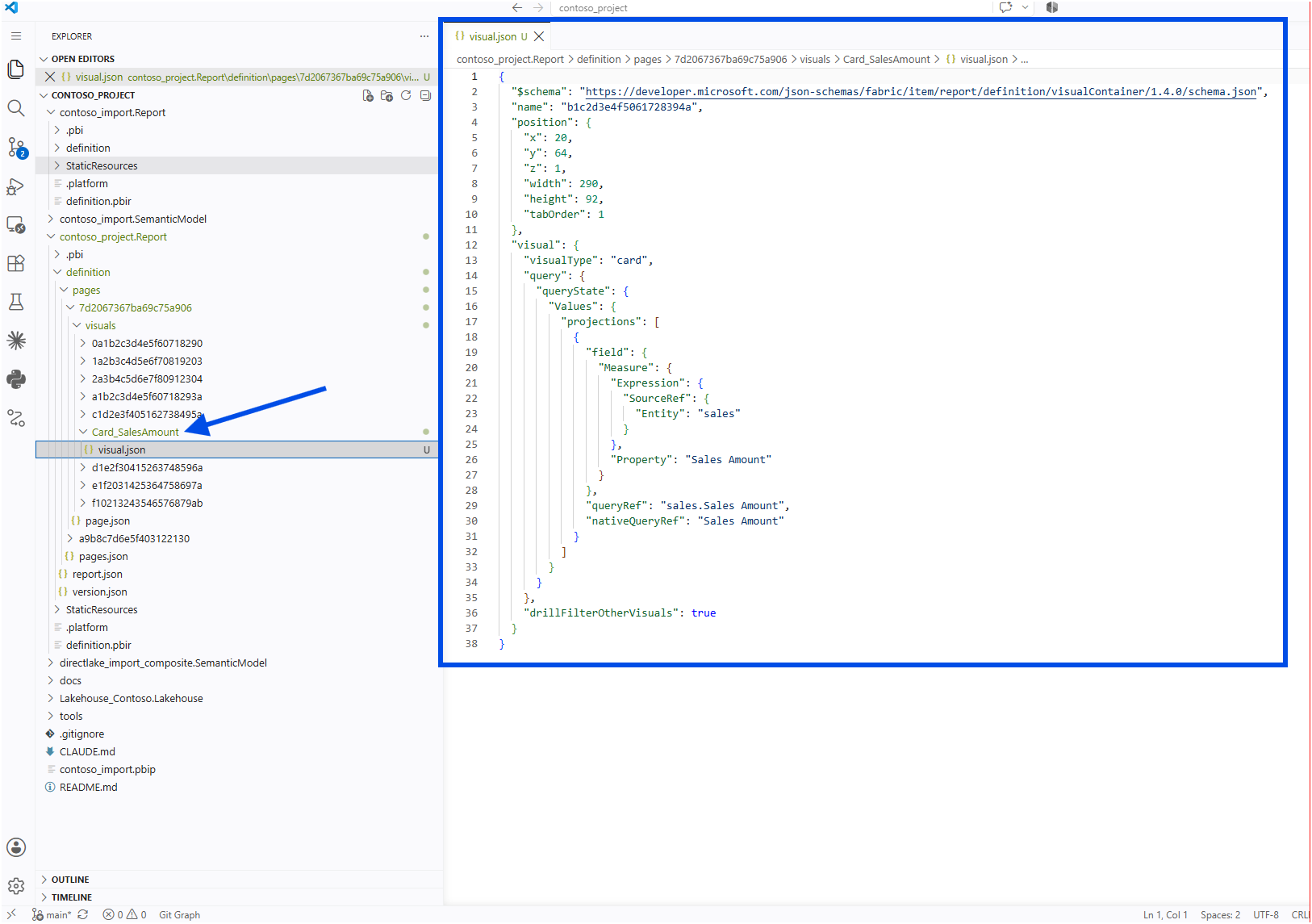 The visual folder renamed to Card_SalesAmount while the name property inside visual.json still holds the identifier