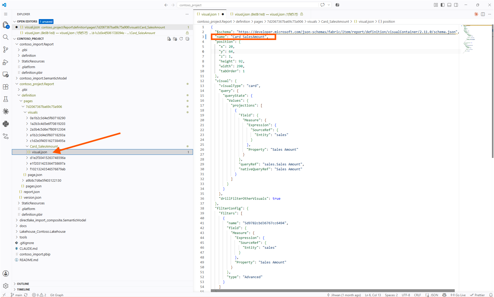 visual.json with the name property set to Card_SalesAmount inside the matching folder