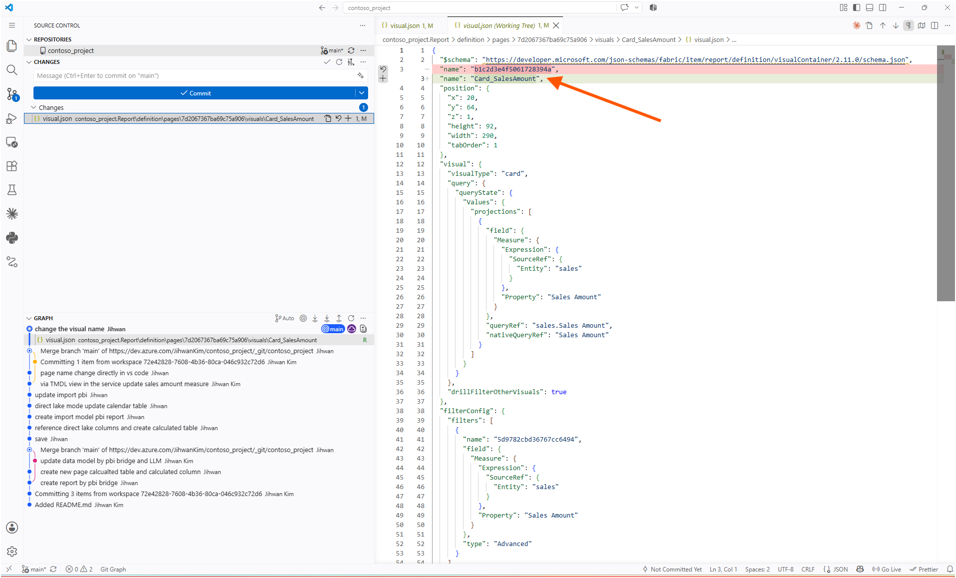 The working tree diff showing the identifier replaced by Card_SalesAmount in the name property
