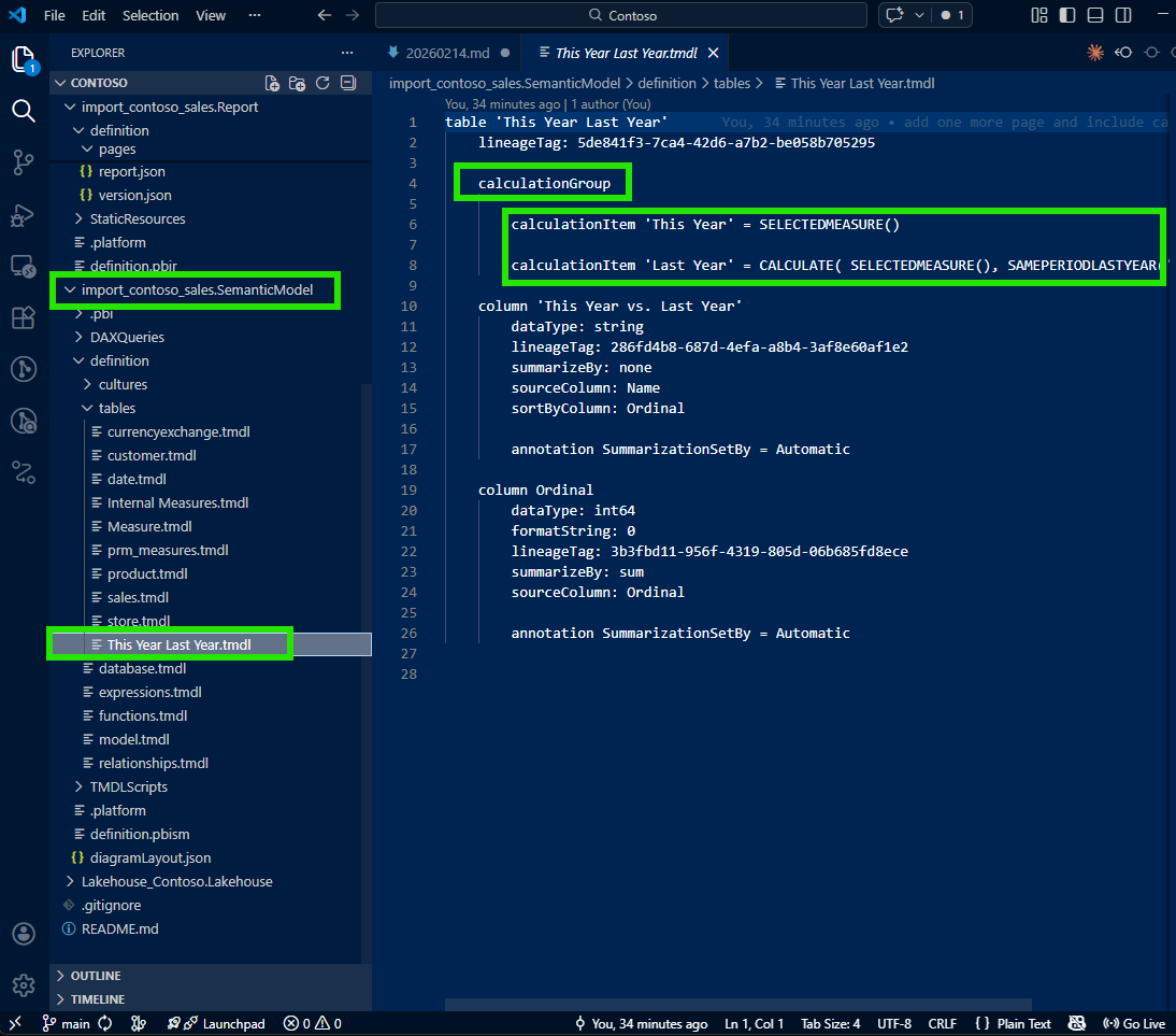 The calculation group TMDL file showing the calculation items