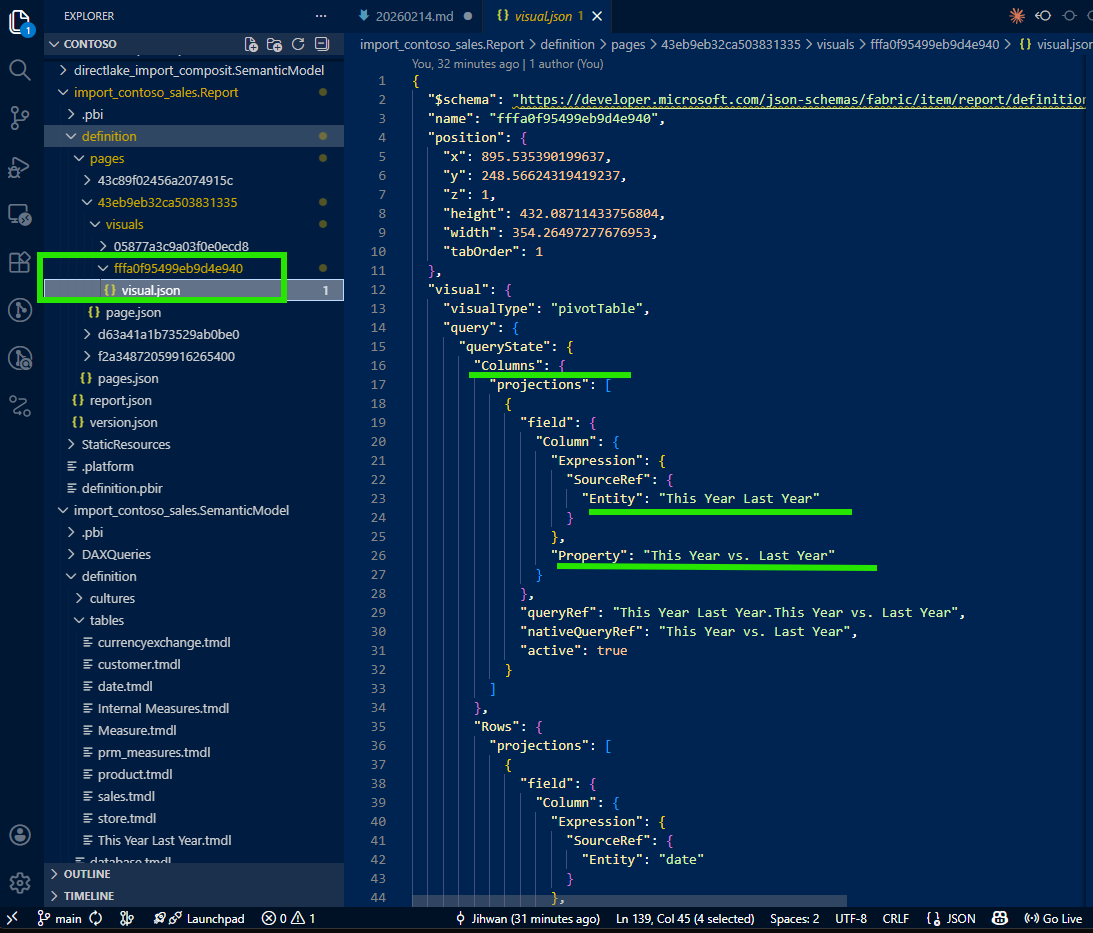 Column reference in the visual JSON pointing to a calculation group