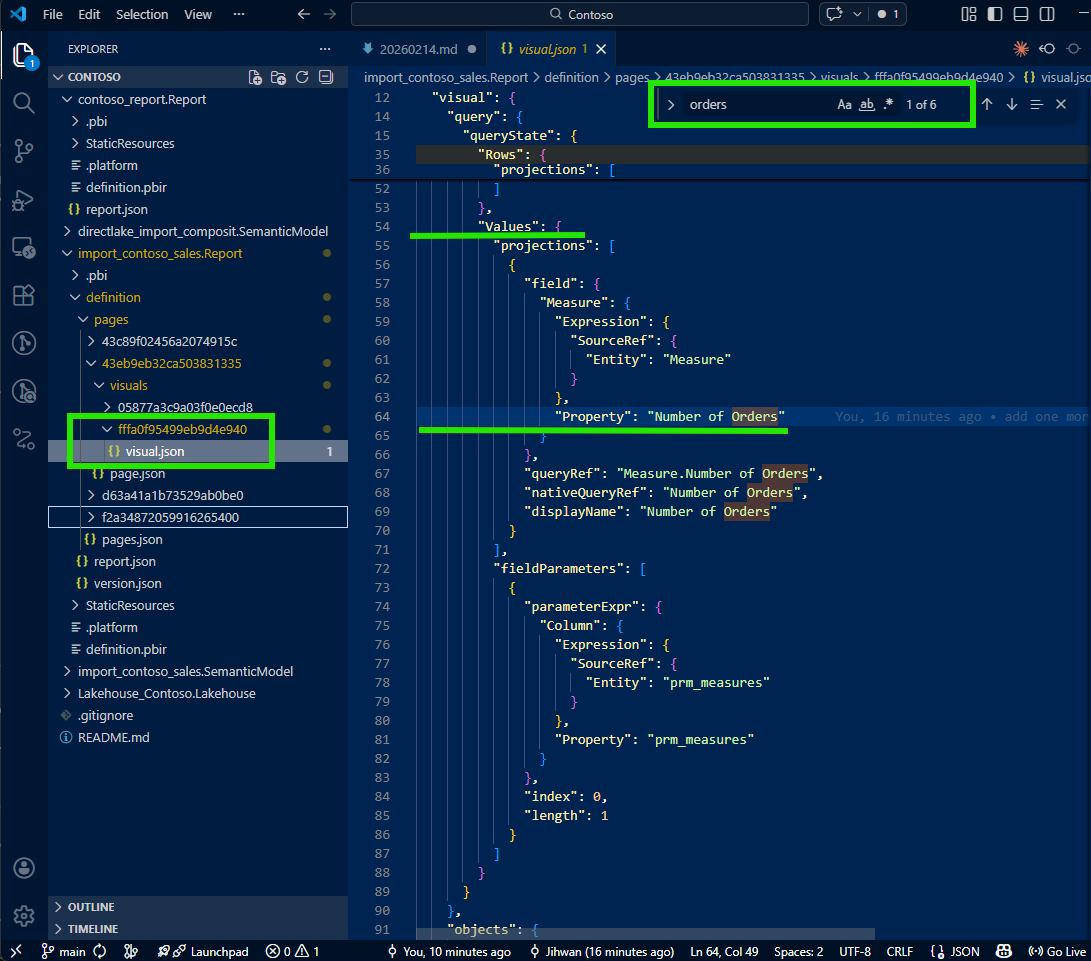 Visual JSON file in VS Code showing only the default measure - Number of Orders