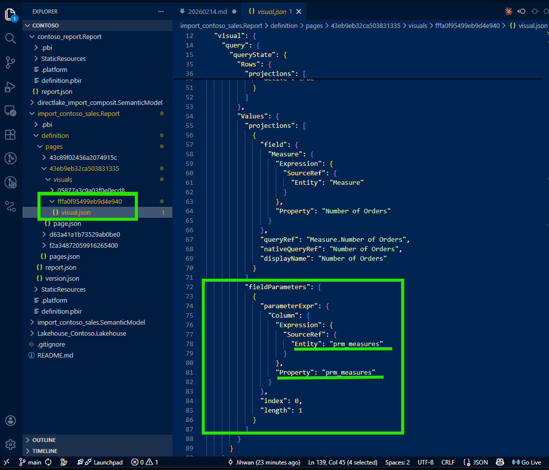 The fieldParameters property visible in the visual JSON file