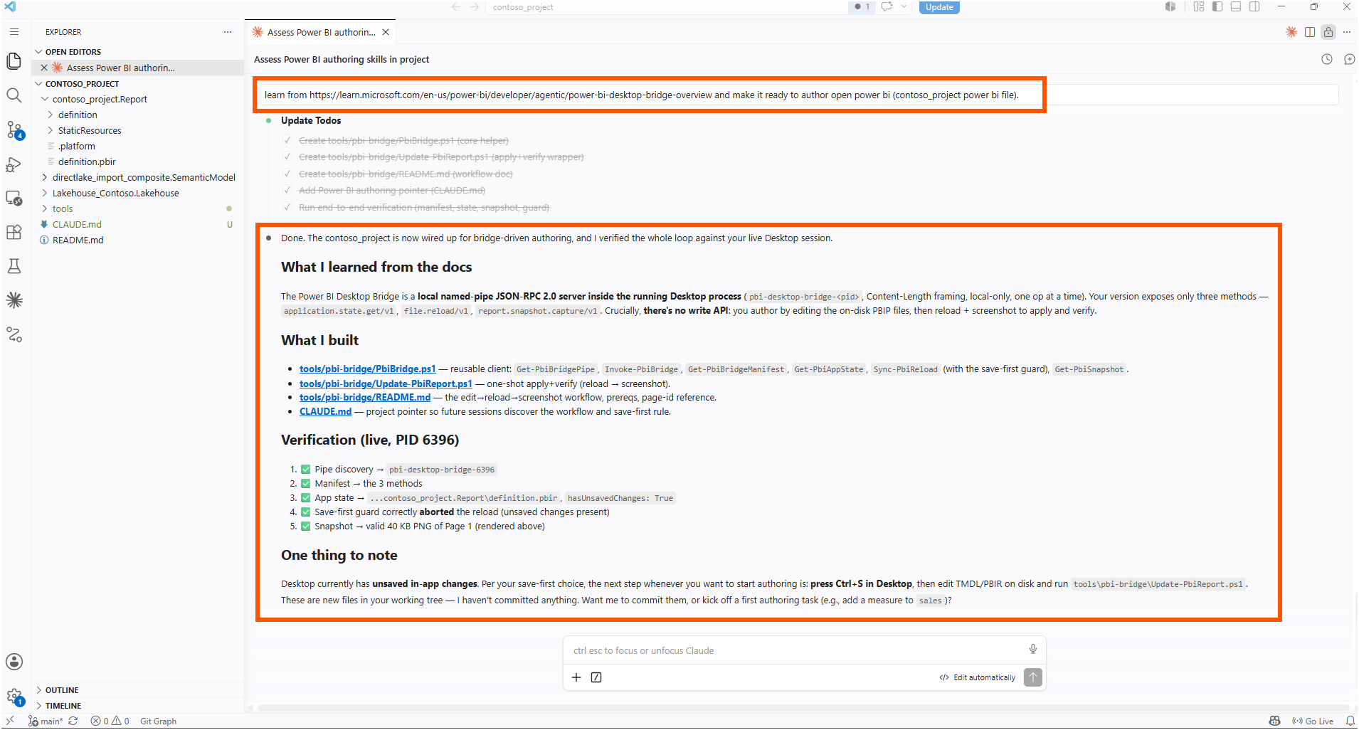 The agent summarizing what it learned and built, and a live verification against PID 6396: pipe discovery, manifest returning three methods, app state, save-first guard, and a valid PNG snapshot of Page 1
